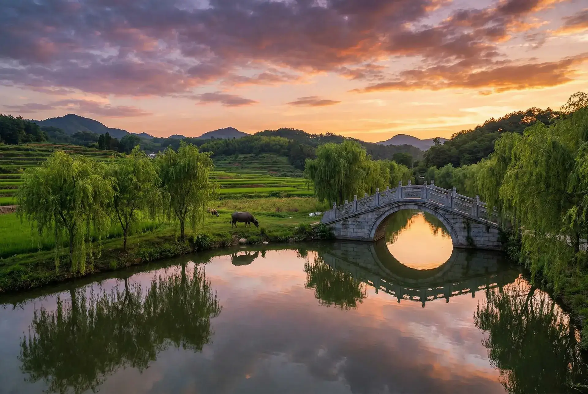 夕阳下的石拱桥与垂柳，水牛在河边吃草 - 99视频30精品视频在线观看 乡村美景